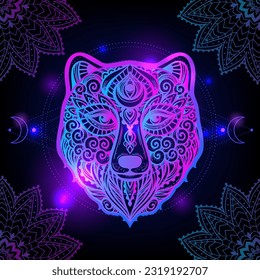 Bear Mandala space. Psychedelic pattern. Vector illustration. Zen Boho art. Decorative mystical, hippie, hallucination psilocybin 60s 70s
