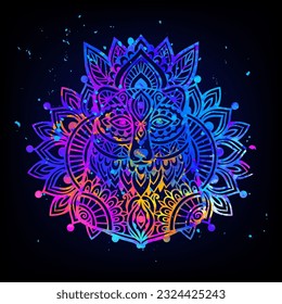 Bear Mandala space. Psychedelic pattern. Vector illustration. Zen Boho art. Decorative mystical, hippie, hallucination psilocybin 60s 70s