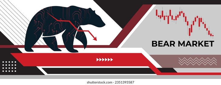 Bear market or bearish run trend in crypto currency or stocks. Trade exchange background, red down arrow graph, decrease in asset value. Cryptocurrency stock share price chart. Global economy crash.