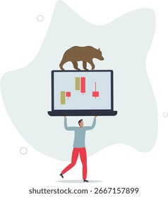 Concepto del mercado del oso. Patrones de la vela en la pantalla del ordenador portátil.