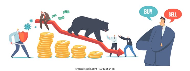 Bear Market at Covid-19 Pandemic, Stock Market Panic Sell due to Novel Coronavirus. Business Investor Characters Fighting with Pathogen Cells and Bear on Drop Arrow. Cartoon People Vector Illustration