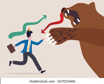 Bear market fighting with bull market, financial stock market concept, businessman wearing bull head hat fighting with huge bear with claws and green arrow rising graph and red plunging down arrow.