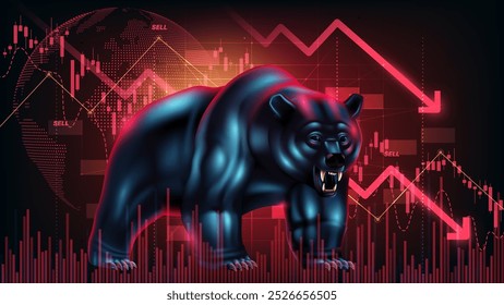 Ilustração do mercado do urso com urso agressivo e linhas de tendência vermelhas decrescentes. Conceito de quebra do mercado bolsista e recessão econômica, ilustração vetorial.