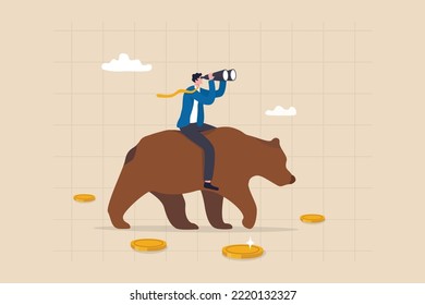 Bear market investment, looking for profit in market fall, crypto or stock trading strategy in bearish market, analyze or forecast trend, businessman investor riding bear looking through binoculars.