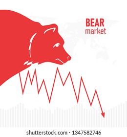 Bear market. Bear and red arrow. Falling market. The chart and the indicator show a downtrend. Trend of graph. Vector illustration.