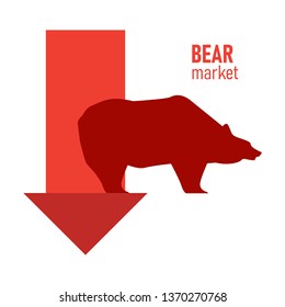 Bear market. Bear and red arrow. Falling market. The chart and the indicator show a downtrend. Trend of graph. Vector illustration.