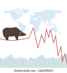 Bear market risk financial concept as a heavy bearish beast walking on a high tightrope shaped as a stock market loss diagram chart representing the investment danger ahead. Vector illustration.