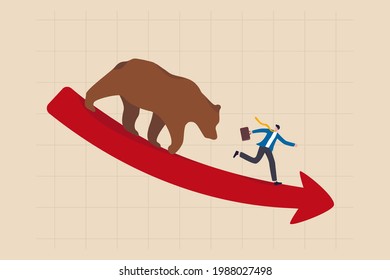Bear market, stock decline by economic crisis, recession or bubble burst, crypto currency price going down concept, businessman investor sell all stocks and run away from bear on red decline graph.