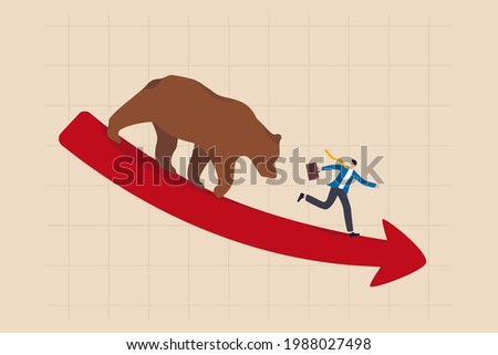 Bear market, stock decline by economic crisis, recession or bubble burst, crypto currency price going down concept, businessman investor sell all stocks and run away from bear on red decline graph.