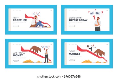 Bear Market Trend at Covid Landing Page Template Set. Stock Panic Sell due to Epidemic. Business Characters Fighting with Pathogen Cells and Bear on Drop Arrow. Cartoon People Vector Illustration