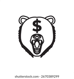 Ícone de vetor de mercado de urso com cabeça de urso rugido e símbolo de sinal de dólar. Perfeito para finanças, negociação de ações, declínio do mercado, perda de investimento, tendência de peso, recessão econômica, risco e tema de volatilidade