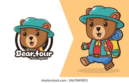 Bear mascot adventure logo, A small, friendly bear wearing a tiny backpack and a hat. The bear can have a map sticking out of the backpack and a compass in hand