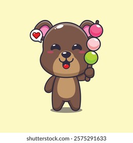 bear mascot cartoon character vector illustration eating dango. 
design element for poster, brochure, web, mascot, sticker, logo and icon.