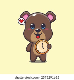 bear mascot cartoon character vector illustration with clock.
design element for poster, brochure, web, mascot, sticker, logo and icon.