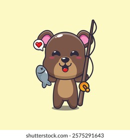 bear mascot cartoon character vector illustration catching fish with fishing rod.
design element for poster, brochure, web, mascot, sticker, logo and icon.