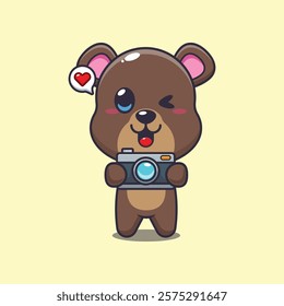 bear mascot cartoon character vector illustration with camera.
design element for poster, brochure, web, mascot, sticker, logo and icon.