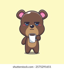 bear mascot cartoon character vector illustration is tired and sleepy holding coffee. 
design element for poster, brochure, web, mascot, sticker, logo and icon.