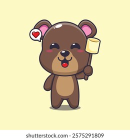 bear mascot cartoon character vector illustration eating marshmallow.
design element for poster, brochure, web, mascot, sticker, logo and icon.