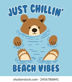 Bear mascot cartoon, just chilling beach vibes vector print illustration