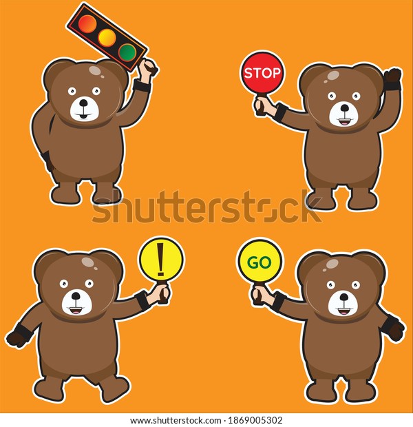 bear mascot collection in flat design,a\
bear giving traffic signs,bear mascot\
vector