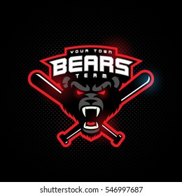 Bear mascot for a football team on a dark background with hotspots. Vector illustration.