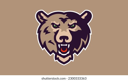 Bear mascot logo. Wild animal head logo with grin. Badge, sticker of a bear for a team, sports club. Isolated vector illustration.