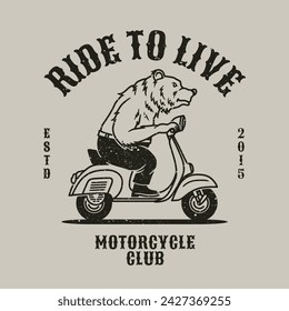 Insignia de la insignia de la motocicleta del oso, etiqueta, logotipo, gráfico de la camiseta en ilustración vectorial dibujada a mano vintage