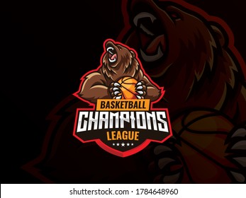 Bear mascot sport logo design. Wild grizzly bear mascot vector illustration logo. Angry bear mascot holding a basketball ball, Emblem design for sports team and competition. Vector illustration