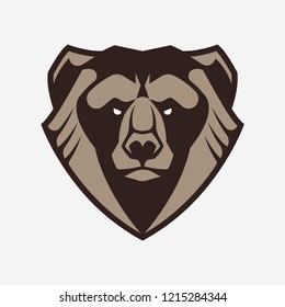 Bear mascot vector art. Frontal symmetric image of bear looking dangerous. Bear head vector icon.