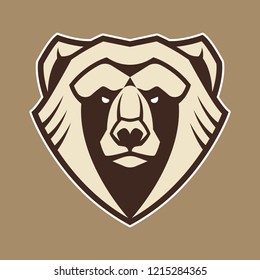 Bear mascot vector art. Frontal symmetric image of bear looking dangerous. Bear head vector icon.