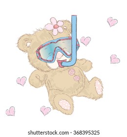 Bear in a mask for diving. Vector illustration for greeting card, poster, or print on clothes.