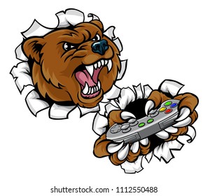 A bear mean esports video games player gamer mascot holding a controller and breaking through the background