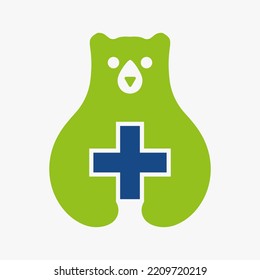 Bear Medical Negative Space Vector Template. Bear Holding Plus Symbol