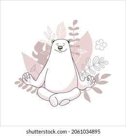 The bear is meditating. Cute vector illustration of yoga bear.