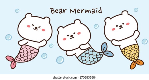 Bear mermaid in various poses hand drawn background.Cartoon character design.Animal doodle.Image for card,banner,poster.Vector.Illustration.