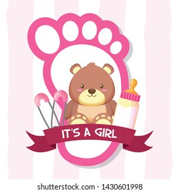 bear milk bottle footprint girl decoration baby shower card vector illustration