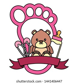 bear milk bottle footprint girl decoration baby shower card vector illustration