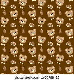 Bear, Milk, Bow, Hat on brown Background, Fabric Pattern, Wrapping Paper, Seamless Pattern