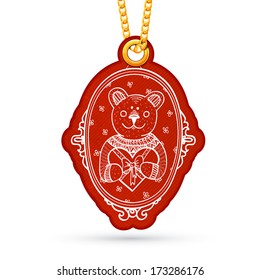 Bear in mirror. Label tag hanging on golden chain. Red design element isolated on white. Vector illustration