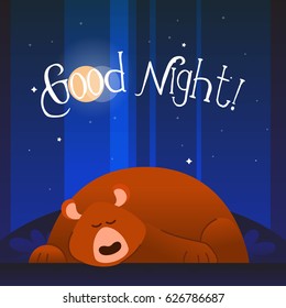 Bear - modern vector phrase flat illustration. Cartoon animal character. Gift image of bear sleeping wishing good night.