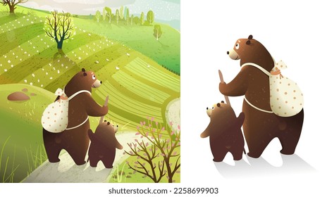 Bear mom and baby, backpack hiking adventures in rustic landscape. Animal travelling clipart for kids. Backpacker bears characters for children. Hand drawn vector illustration in watercolor style.