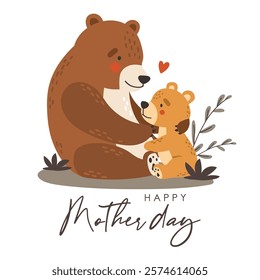 Bear mom and baby, cartoon style, mothers day illustration, cute animal