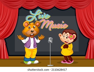 Bear and monkey performing singing on stage illustration
