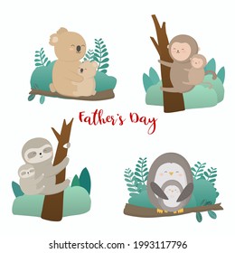 bear, monkey, sloth, bird happy with his son on father's day They hugged each other happily. His child felt safe. Vector flat illustration.