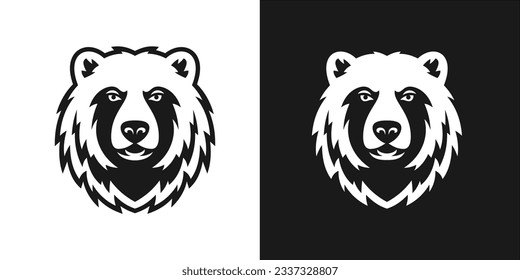 Bear monochrome black and white portrait minimal logo for t shirt print set vector contour illustration. Wild carnivorous strong predator animal head mascot hunting mammal grizzly nature icon emblem