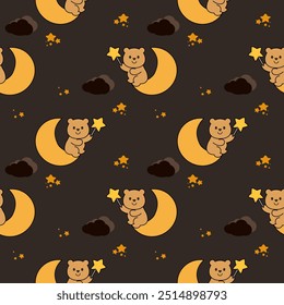 Bear and moon cartoon so cute. On star cloud background. Pattern seamless vector illustration. 