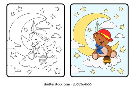 bear and moon coloring book or page, education for children