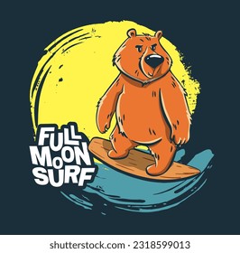 Bear moon surfer cool summer t-shirt print. Midnight ride surfboard on big wave. Full moon surf slogan. Beach funny child wear illustration. Tropical sea surf sport kids typography