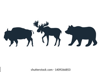 Bear moose and buffalo wild animals black silhouette isolated vector illustration graphic design