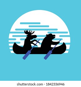 bear and moose kayaking sunset  illustration